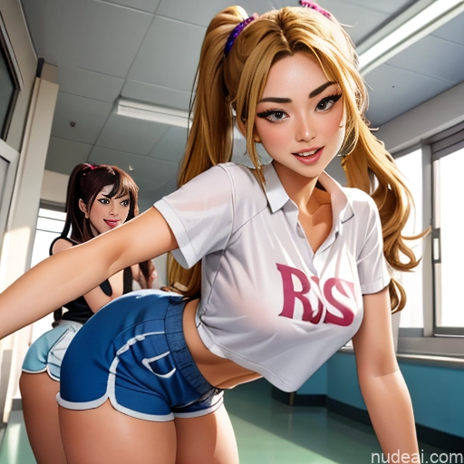 Asian Sorority Two 18 Sexy Face Blonde Brunette Pigtails Straight School Hallway Dolphin Shorts Scissors Pose On Back Cumshot Crisp Anime Skin Detail (beta)