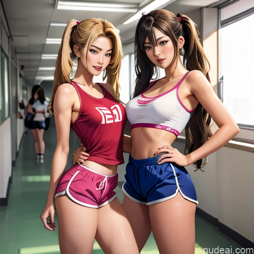 Asian Sorority Two 18 Sexy Face Blonde Brunette Pigtails Straight School Hallway Dolphin Shorts Scissors Pose On Back Cumshot Crisp Anime Skin Detail (beta)