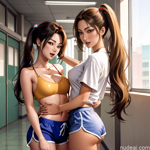 Asian Sorority Two 18 Sexy Face Blonde Brunette Pigtails Straight School Hallway Dolphin Shorts Scissors Pose On Back Cumshot Crisp Anime Skin Detail (beta) Anime Blowjob