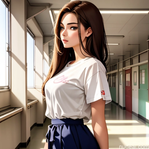 Soft Anime One Sorority School Hallway 18 Brunette Straight White Side View Sleeping Shirt High-waist Denim Shorts