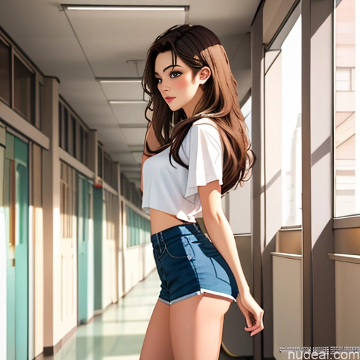 related ai porn images free for One Sorority 18 Brunette Straight White Soft Anime Side View Shirt High-waist Denim Shorts Sleeping School Hallway