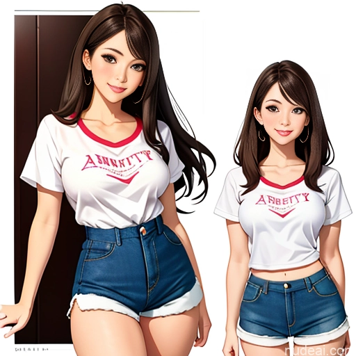 One Sorority Brunette White High-waist Denim Shorts Illustration Soft Anime