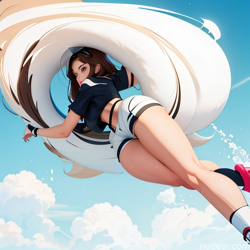 One Sorority Brunette White Big Ass High-waist Denim Shorts Soft Anime Illustration Pose 不小心摔倒 Fallen_down