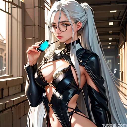 Woman One Skinny Long Hair 20s White Hair White Seductive Bedroom Bangs Messy Glasses Hentai Lingerie Soft Anime