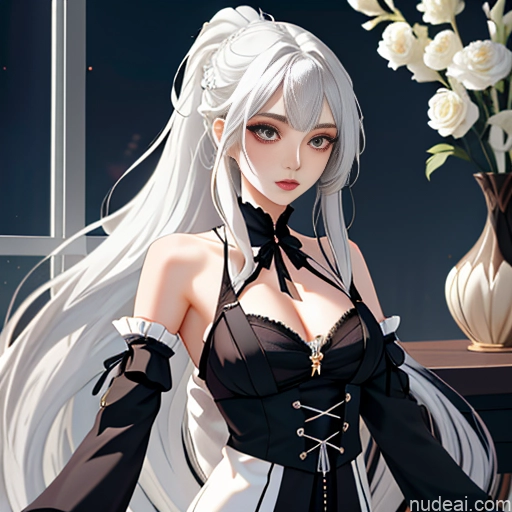 Woman One Skinny Long Hair 20s White Hair White Seductive Bedroom Bangs Messy Soft Anime Goth Gals V1