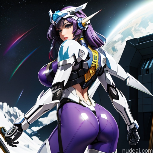 SuperMecha: A-Mecha Musume A素体机娘 Leon Raymond Fantasy Armor Butt Bite Pantsuit Rainbow Haired Girl Purple Hair