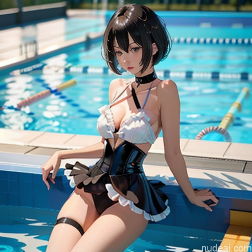 One 18 Skinny Small Tits Small Ass Short Short Hair Brunette Pixie White Choker Better Swimwear Beach Tutu Pose 不小心摔倒 Fallen_down Pool