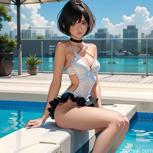 One 18 Skinny Small Tits Small Ass Short Short Hair Brunette Pixie White Choker Better Swimwear Beach Tutu Pose 不小心摔倒 Fallen_down Pool