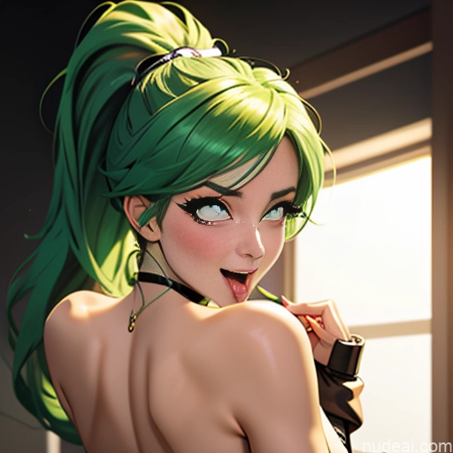 ai nude image of pics of Woman One Busty Huge Boobs Big Ass 20s Seductive Green Hair Ponytail Soft + Warm Bar Front View Squatting Spread Pussy Ahegao (smile) Peeing Stockings Short Shorts Topless Partially Nude Transparent Dark Lighting