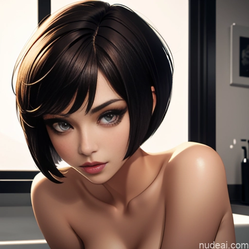 ai nude image of pics of One Small Tits Skinny Short Short Hair 18 Sexy Face Brunette Black Hair Bobcut Messy Pixie White Bathroom Bedroom On Back Nude Front View Sleeping Spreading Legs Cumshot Blowjob