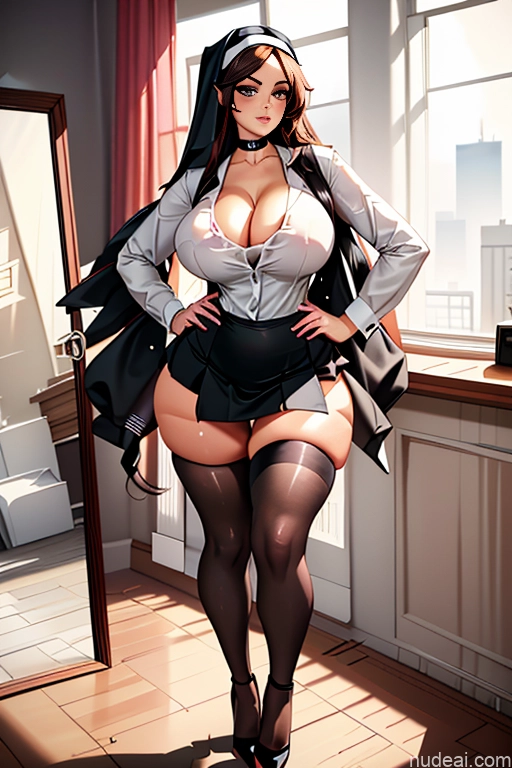 Huge Boobs Beautiful Big Ass Thick Big Hips Cleavage Suit Shirt High Heels Choker Chemise Blouse Scrunchbutt Leggings Mini Skirt Maid Thigh Socks Nun