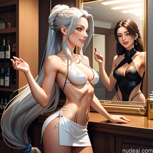 ai nude image of pics of Woman One Small Tits Small Ass Perfect Body Long Hair 18 Laughing Blonde Braided White Mirror Selfie Bar Front View T-pose Dress Cleavage Partially Nude Topless Transparent Dark Lighting