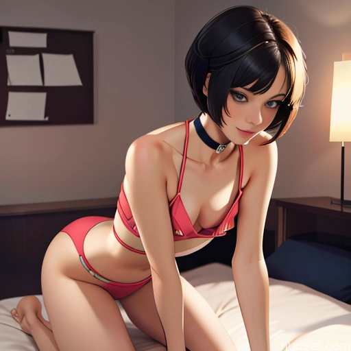 One Sorority Skinny Small Tits Small Ass Short Short Hair 18 Brunette Pixie White Soft Anime Choker Pajamas Bedroom Sleeping Downblouse: 俯身露乳