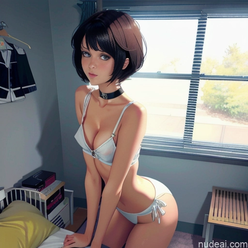 ai nude image of pics of One Sorority Skinny Small Tits Small Ass Short Short Hair 18 Brunette Pixie White Soft Anime Choker Pajamas Bedroom Sleeping Downblouse: 俯身露乳