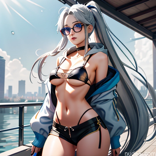 Woman One Skinny Long Hair Glasses Cropped Hoodie Underboob Micro Shorts 20s Seductive White Hair Bangs Straight White Soft Anime Tokyo Choker Thigh Socks Goth Gals V1 Whale Tail (Clothing) Crisp Anime