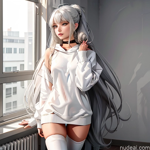 Woman One Skinny Long Hair 20s Seductive White Hair Bangs Straight White Soft Anime Crisp Anime Bedroom On Back Thigh Socks Sweater Choker Oversized Sweater/Hoodie Pov Panties