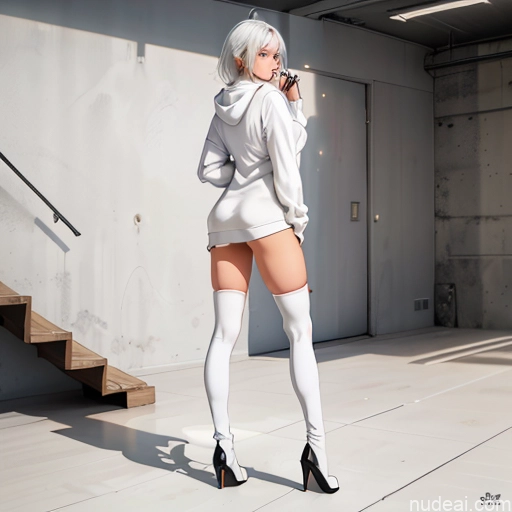 ai nude image of pics of Woman One Skinny 20s Seductive White Hair Bangs White Bedroom Thigh Socks Sweater Choker Oversized Sweater/Hoodie Messy Panties Perfect Boobs Long Legs Straddling Partially Nude