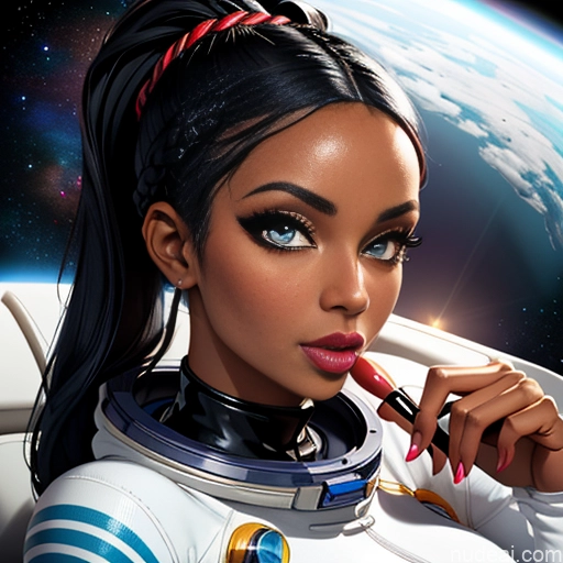 related ai porn images free for Dark Skin Tribal African Goth Huge Boobs Lipstick Ahegao Black Hair Braided Pigtails Close-up View Straddling Spandex Space Suit Cleavage