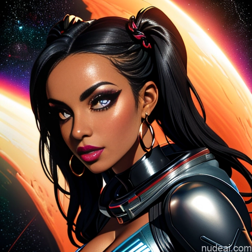 related ai porn images free for Dark Skin Tribal African Goth Huge Boobs Lipstick Black Hair Braided Pigtails Straddling Spandex Space Suit Cleavage