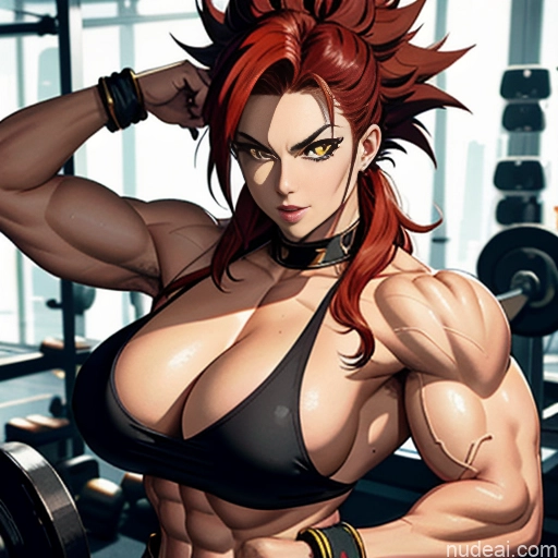 Super Saiyan 4 Woman Bodybuilder Busty Neon Lights Clothes: Red Front View