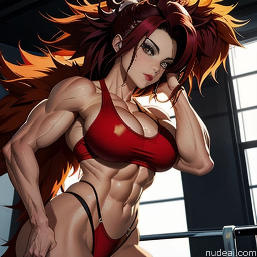 Super Saiyan 4 Woman Bodybuilder Busty Neon Lights Clothes: Red Front View