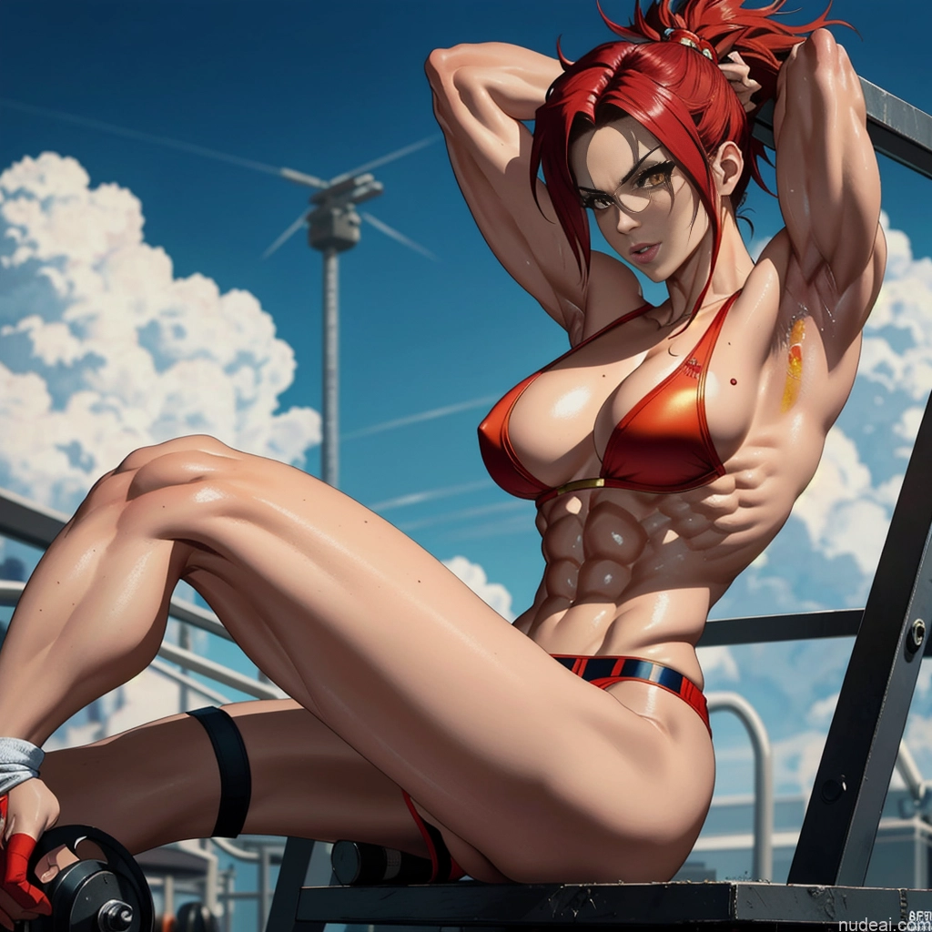 related ai porn images free for Super Saiyan 4 Woman Neon Lights Clothes: Red Busty Muscular Abs Front View