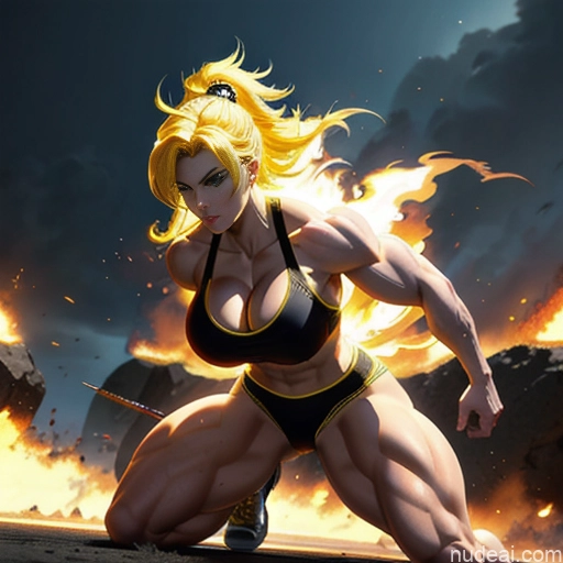 Woman Busty Super Saiyan Neon Lights Clothes: Yellow Bodybuilder Front View Battlefield