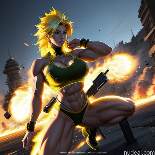 Woman Super Saiyan Neon Lights Clothes: Yellow Bodybuilder Front View Battlefield