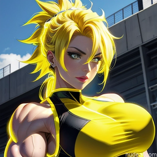 Woman Super Saiyan Neon Lights Clothes: Yellow Bodybuilder Front View