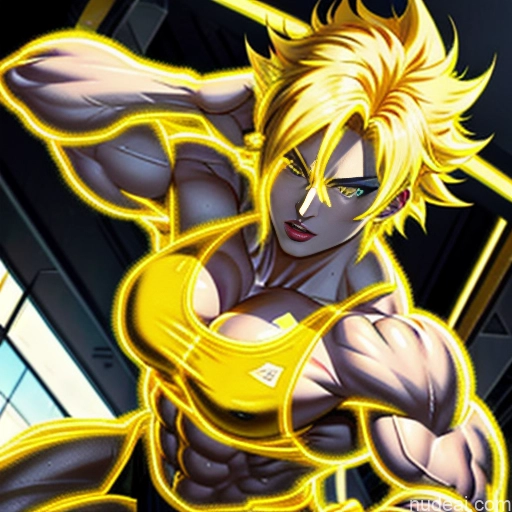 Woman Super Saiyan Neon Lights Clothes: Yellow Bodybuilder Front View