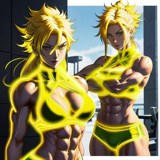 Woman Super Saiyan Neon Lights Clothes: Yellow Muscular Abs Front View