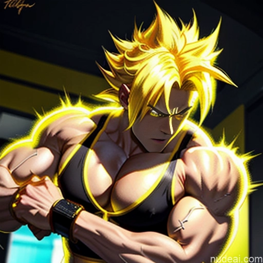 Super Saiyan Super Saiyan 4 Neon Lights Clothes: Red Neon Lights Clothes: Yellow Woman Bodybuilder Busty Front View Huge Boobs