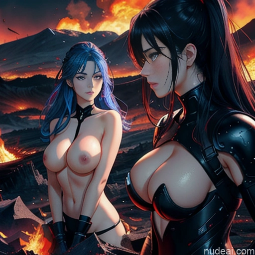 ai nude image of pics of Woman Two Busty Huge Boobs Perfect Boobs 18 Sad Blue Hair Messy Japanese Soft Anime Hell Front View Gaming Nude Angel Partially Nude Topless Bright Lighting