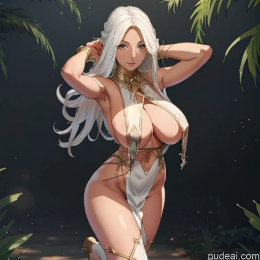 Busty Huge Boobs Perfect Boobs Beautiful Big Hips Long Legs Perfect Body Tall Dark Skin White Hair Elf Outfit/Elf Bikini Elf Revealing Clothes Of Cerestia Of Life (Last Origin)