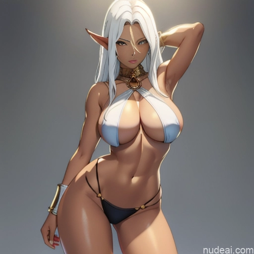 Busty Huge Boobs Perfect Boobs Beautiful Big Hips Long Legs Perfect Body Tall Dark Skin White Hair Elf Outfit/Elf Bikini African Warm Anime Skin Detail (beta)