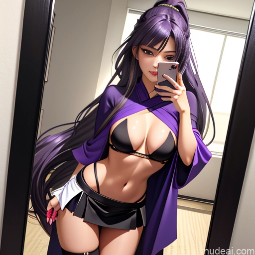 ai nude image of pics of One Perfect Boobs Small Tits Skinny 18 Long Hair Sexy Face White Mirror Selfie Front View Bending Over Boots Bright Lighting Detailed Woman Bobcut Purple Hair Asian Street Crop Top Gloves Kimono Mini Skirt Cleavage