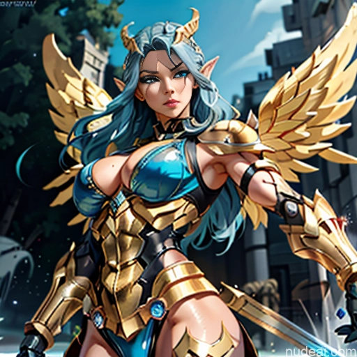 ai nude image of pics of Woman Busty Muscular Abs Front View Has Wings Angel Fantasy Armor Viking Bodybuilder Perfect Boobs Gold Jewelry Blonde SuperMecha: A-Mecha Musume A素体机娘 Deep Blue Eyes Blue Hair Battlefield