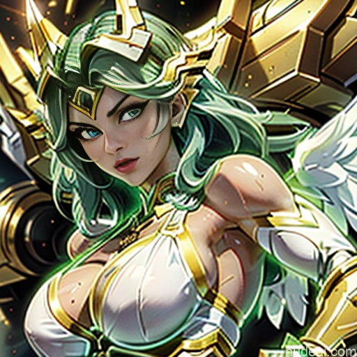 Woman Busty Muscular Abs Front View Has Wings Angel Bodybuilder Perfect Boobs Gold Jewelry SuperMecha: A-Mecha Musume A素体机娘 Superhero Persian Green Hair White Hair Ginger Neon Lights Clothes: Red Neon Lights Clothes: Green