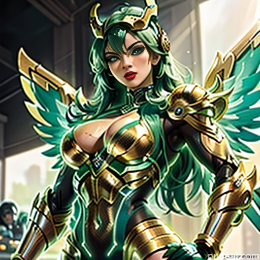 ai nude image of pics of Woman Busty Muscular Abs Front View Has Wings Angel Bodybuilder Perfect Boobs SuperMecha: A-Mecha Musume A素体机娘 Superhero Persian Green Hair Ginger Neon Lights Clothes: Red Neon Lights Clothes: Green Lipstick