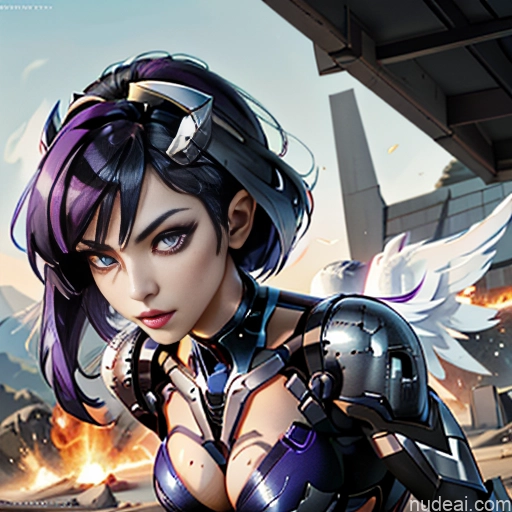 ai nude image of pics of Cyborg Woman Bobcut Asian Latina Front View Black Hair Purple Hair Mech Suit Sci-fi Armor Bodybuilder Busty Space Suit Abs SuperMecha: A-Mecha Musume A素体机娘 Battlefield Angel Has Wings Neon Lights Clothes: Purple