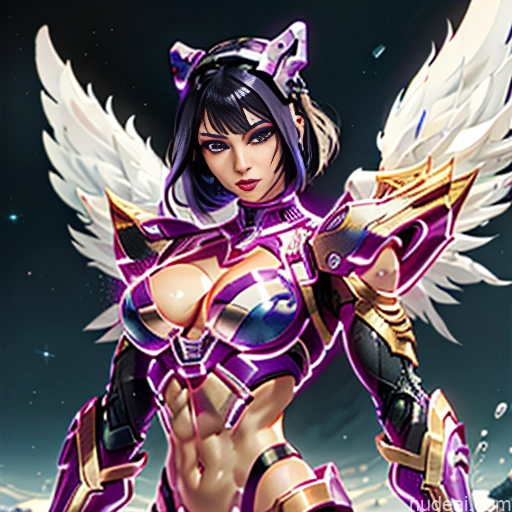 ai nude image of pics of Cyborg Woman Bobcut Asian Latina Front View Black Hair Purple Hair Mech Suit Sci-fi Armor Bodybuilder Busty Space Suit Abs SuperMecha: A-Mecha Musume A素体机娘 Angel Has Wings Neon Lights Clothes: Purple