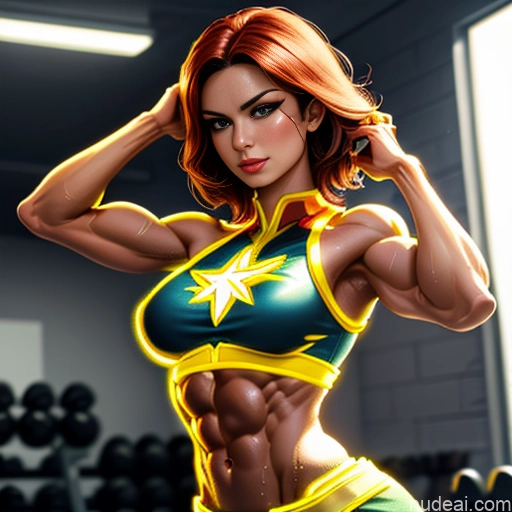 Captain Marvel Busty Abs Front View Woman Superhero Cosplay Muscular Neon Lights Clothes: Yellow