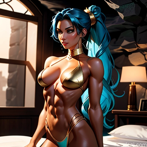 ai nude image of pics of Oiled Body Woman 30s Blue Hair Egyptian Bedroom Superhero Topless Partially Nude Gold Jewelry Dark Lighting Cave Middle Eastern Perfect Body Detailed Hair Bun Ponytail Seductive Busty Perfect Boobs Dark Skin On Back