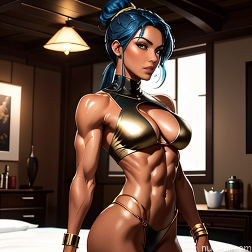 ai nude image of pics of Oiled Body Woman 30s Blue Hair Egyptian Bedroom Superhero Topless Partially Nude Gold Jewelry Dark Lighting Cave Middle Eastern Perfect Body Detailed Hair Bun Seductive Busty Perfect Boobs Dark Skin On Back Ponytail Bangs