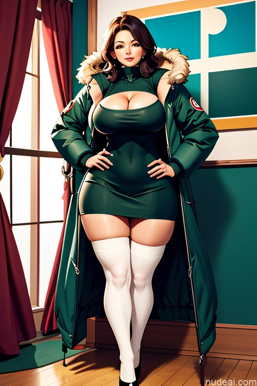 Milf Beautiful Big Ass Thick Big Hips Cleavage Thigh Socks Micro Skirt Parka