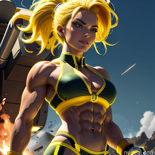 ai nude image of pics of Super Saiyan Science Fiction Style Cosplay Busty Front View Battlefield Bodybuilder Neon Lights Clothes: Yellow Woman Abs