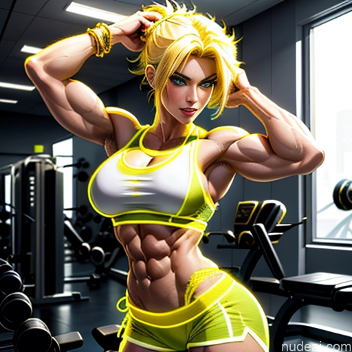 ai nude image of pics of Super Saiyan Science Fiction Style Cosplay Busty Front View Bodybuilder Woman Abs Blonde Cyborg Neon Lights Clothes: Yellow Neon Lights Clothes: Orange