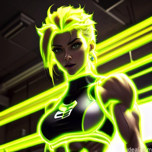 ai nude image of pics of Super Saiyan Science Fiction Style Cosplay Busty Front View Bodybuilder Woman Abs Blonde Cyborg Neon Lights Clothes: Yellow Neon Lights Clothes: Orange Neon Lights Clothes: Green