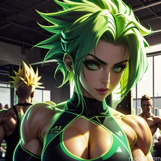 ai nude image of pics of Super Saiyan Science Fiction Style Cosplay Busty Front View Bodybuilder Woman Abs Cyborg Neon Lights Clothes: Green Green Hair Several Two