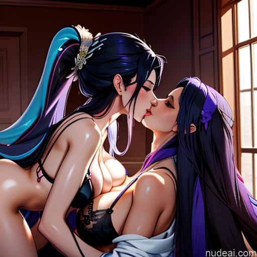 ai nude image of pics of Woman Two Black Hair Straight Korean Kisses On Back Stockings Panties Beautiful Purple Hair Blue Hair Pink Hair Sports Bra Ponytail Huge Boobs Big Ass Long Hair Bathrobe Bedroom Devil Fairer Skin